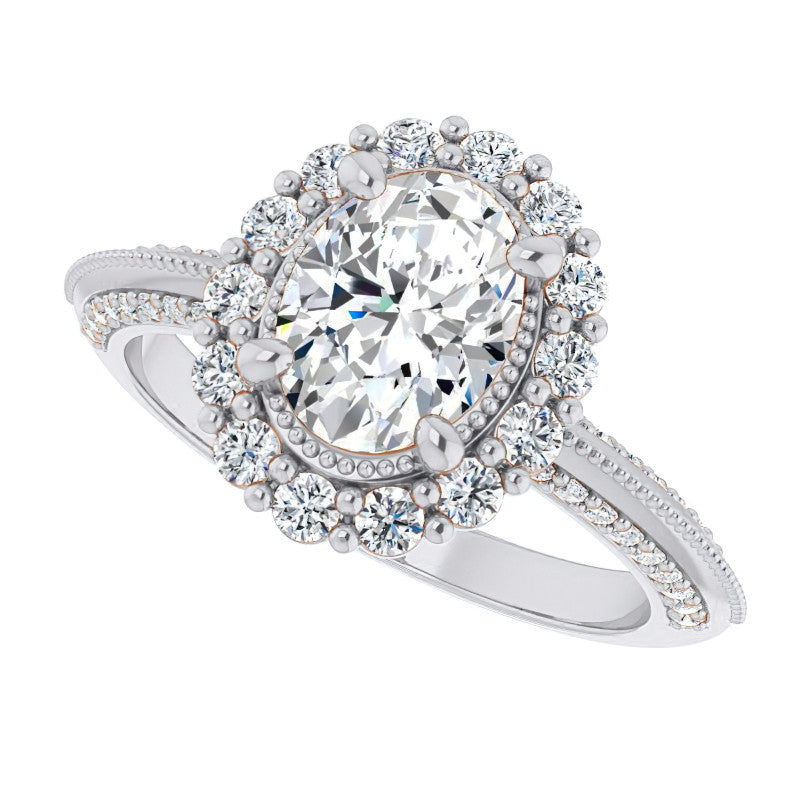 Antique Style Oval Halo Moissanite Engagement Ring with Milgrain