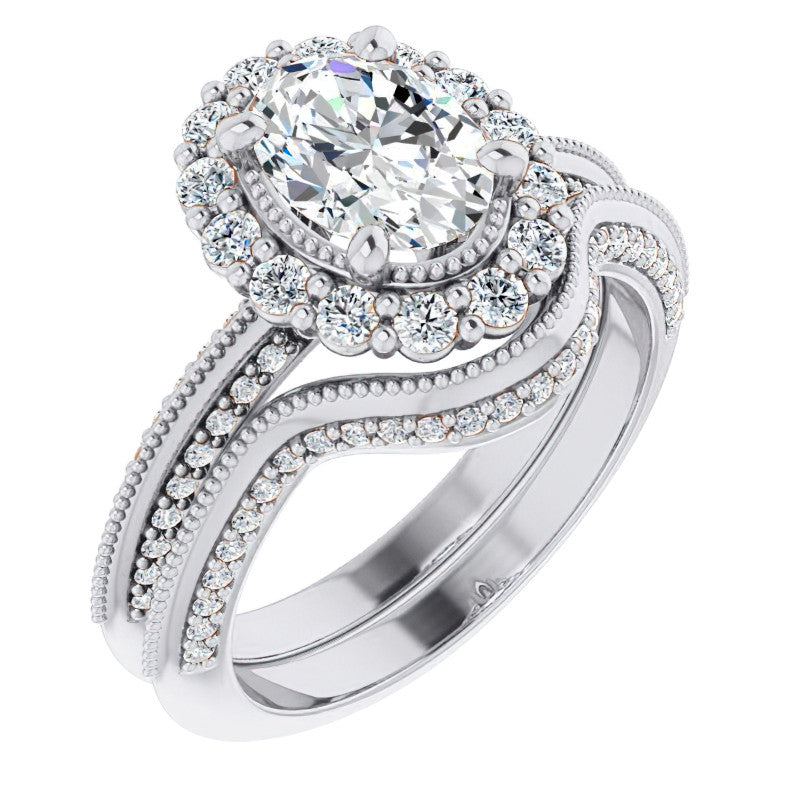 Antique Style Oval Halo Moissanite Engagement Ring with Milgrain