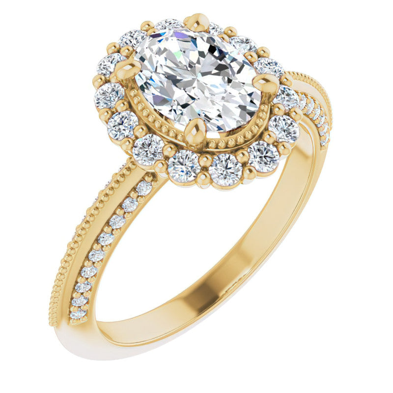 Antique Style Oval Halo Moissanite Engagement Ring with Milgrain