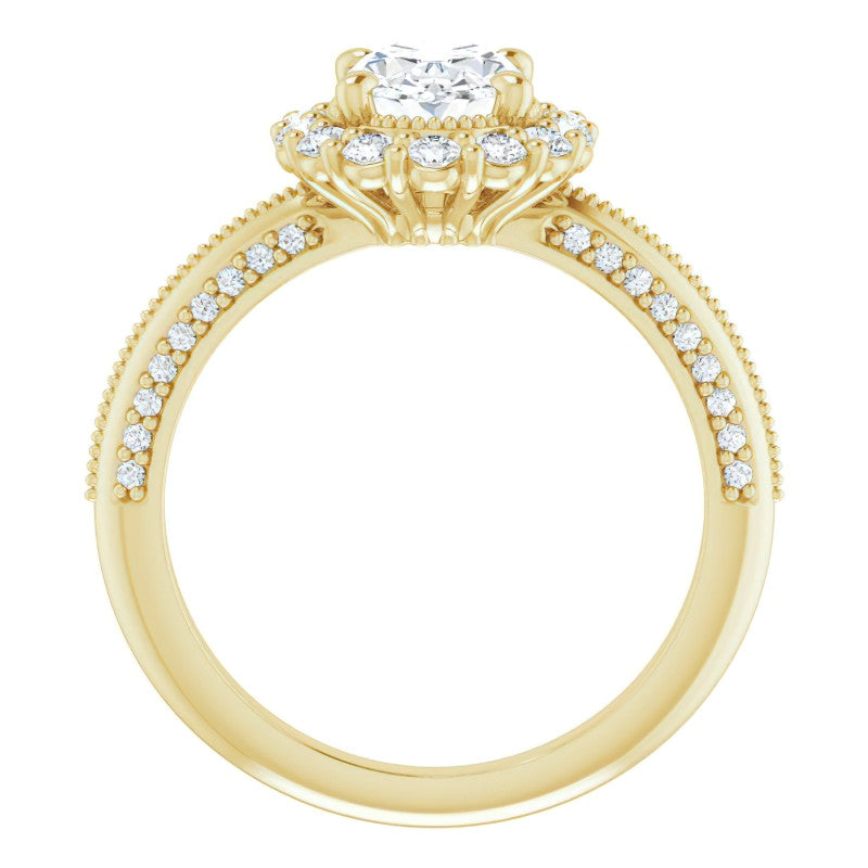 Antique Style Oval Halo Moissanite Engagement Ring with Milgrain
