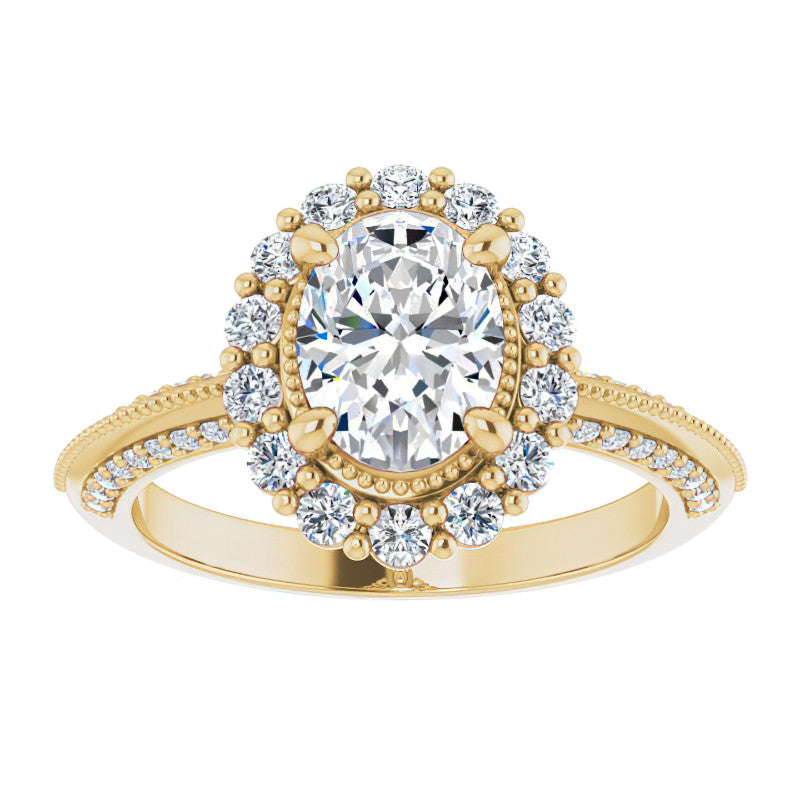 Antique Style Oval Halo Moissanite Engagement Ring with Milgrain