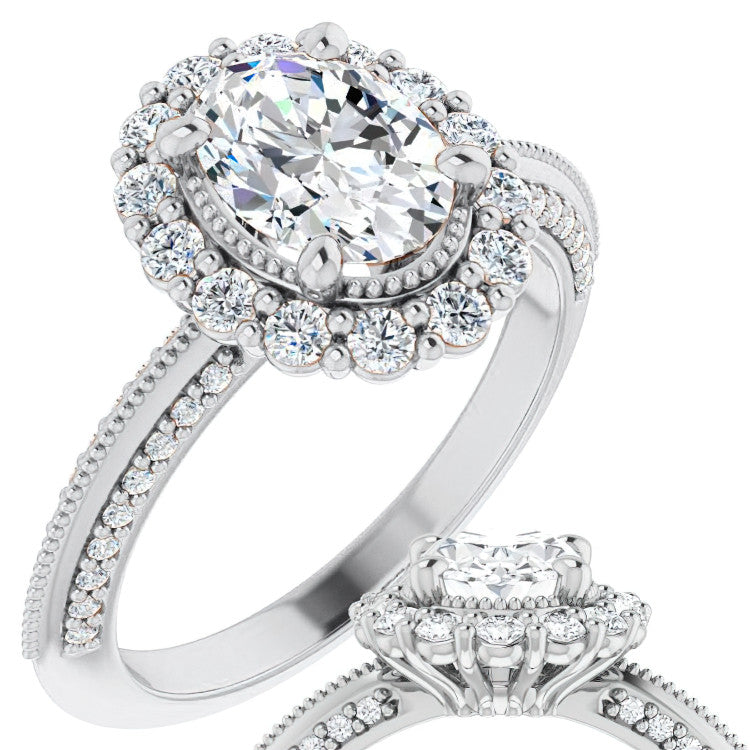 Antique Style Oval Halo Moissanite Engagement Ring with Milgrain