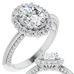 Antique Style Oval Halo Moissanite Engagement Ring with Milgrain