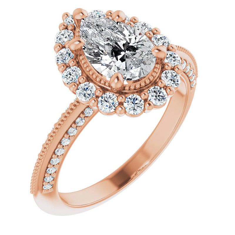 Antique Style Pear Halo Moissanite Engagement Ring with Milgrain