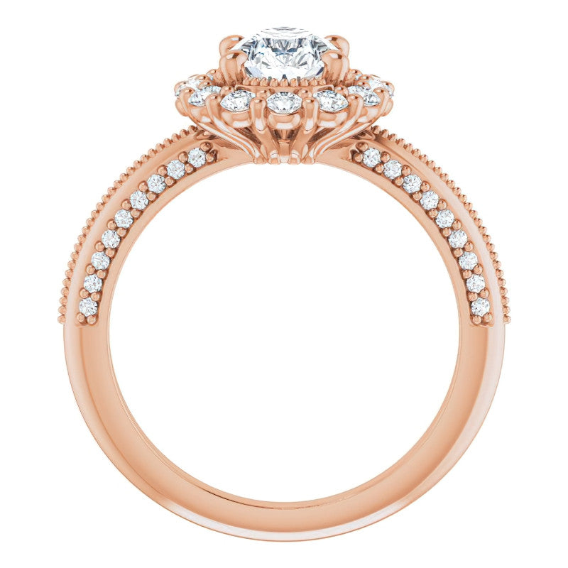 Antique Style Pear Halo Moissanite Engagement Ring with Milgrain