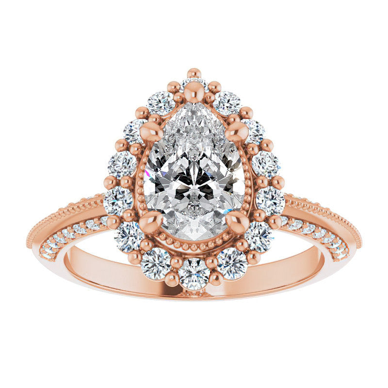 Antique Style Pear Halo Moissanite Engagement Ring with Milgrain