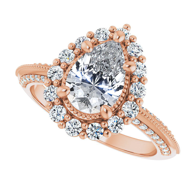 Antique Style Pear Halo Moissanite Engagement Ring with Milgrain