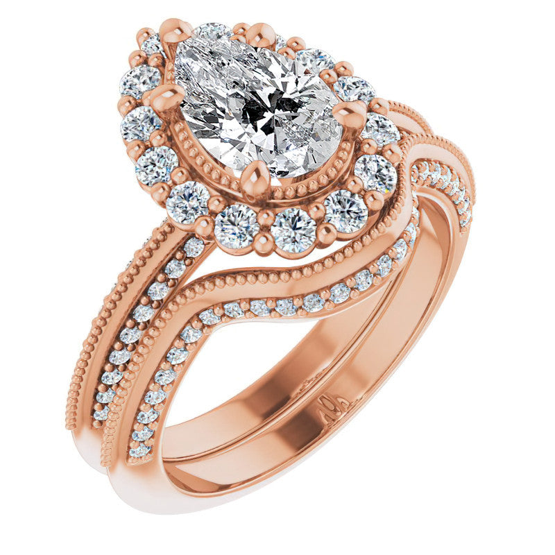 Antique Style Pear Halo Moissanite Engagement Ring with Milgrain