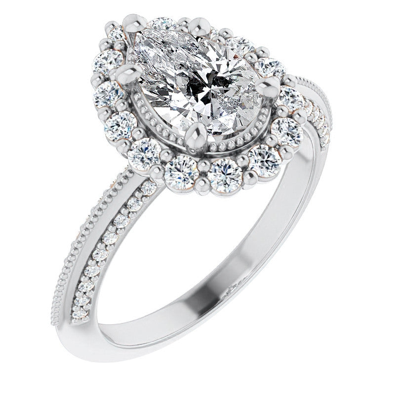 Antique Style Pear Halo Moissanite Engagement Ring with Milgrain