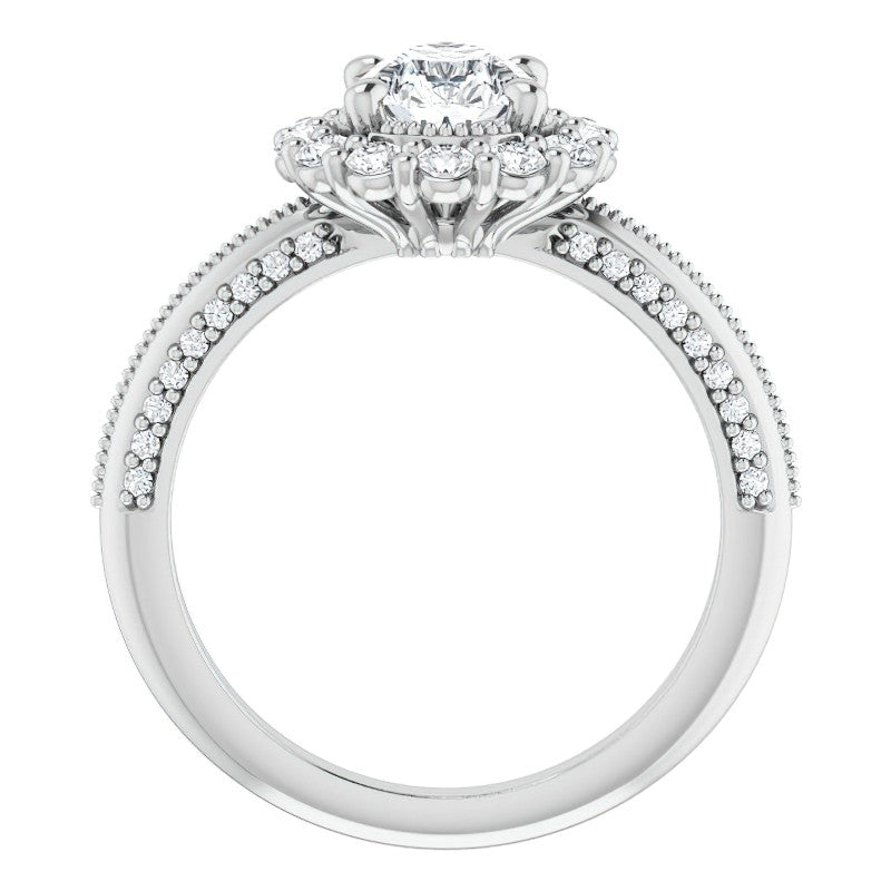 Antique Style Pear Halo Moissanite Engagement Ring with Milgrain