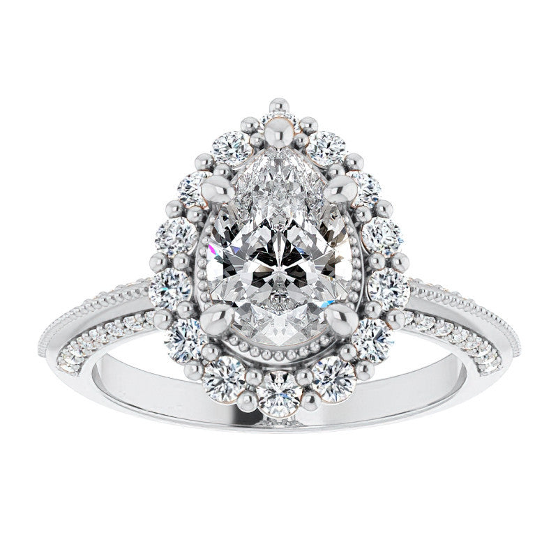 Antique Style Pear Halo Moissanite Engagement Ring with Milgrain