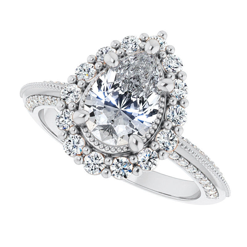 Antique Style Pear Halo Moissanite Engagement Ring with Milgrain