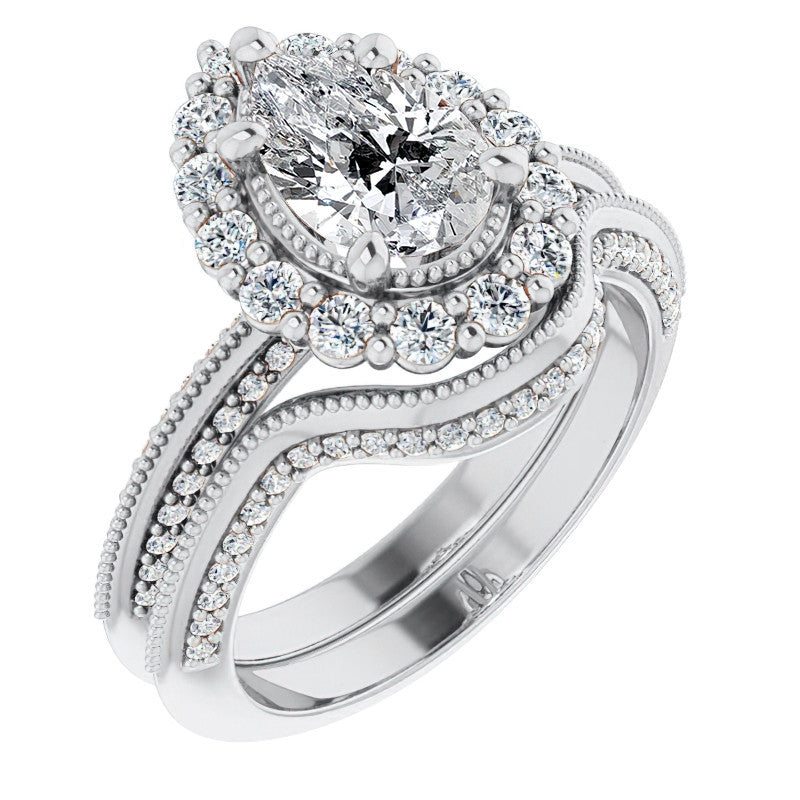 Antique Style Pear Halo Moissanite Engagement Ring with Milgrain