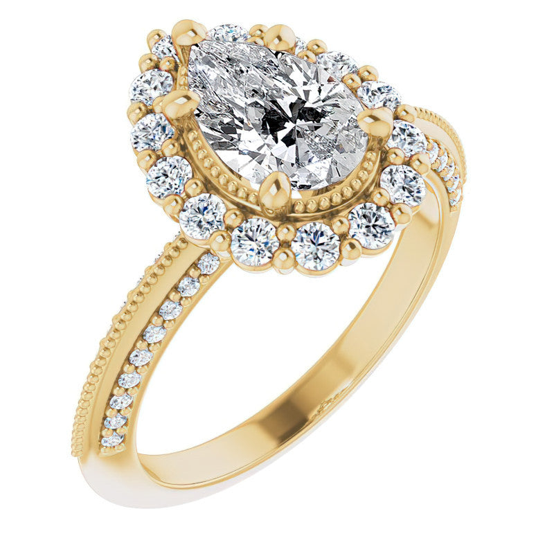 Antique Style Pear Halo Moissanite Engagement Ring with Milgrain