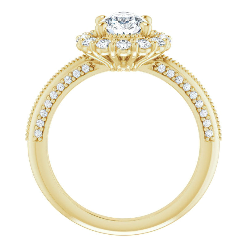 Antique Style Pear Halo Moissanite Engagement Ring with Milgrain