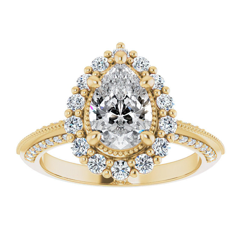 Antique Style Pear Halo Moissanite Engagement Ring with Milgrain