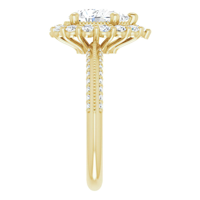 Antique Style Pear Halo Moissanite Engagement Ring with Milgrain