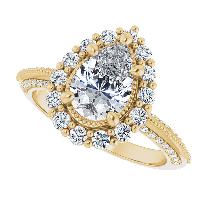 Antique Style Pear Halo Moissanite Engagement Ring with Milgrain
