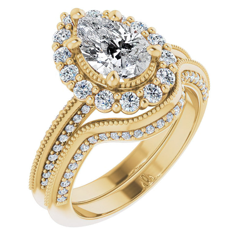 Antique Style Pear Halo Moissanite Engagement Ring with Milgrain