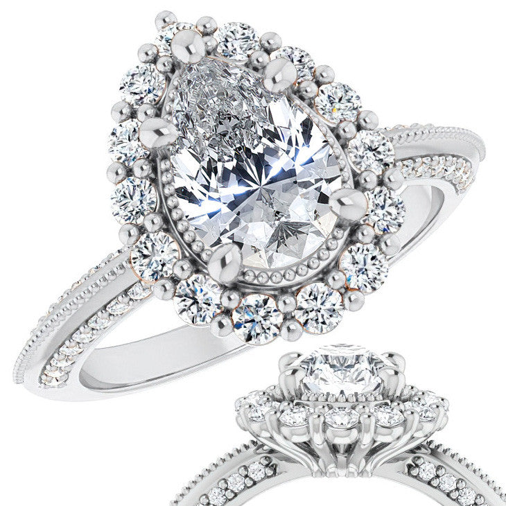 Antique Style Pear Halo Moissanite Engagement Ring with Milgrain