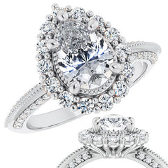 Antique Style Pear Halo Moissanite Engagement Ring with Milgrain