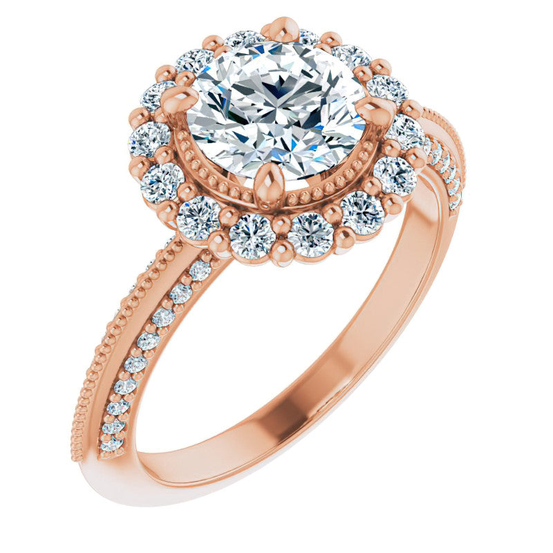 Antique Style Round Halo Moissanite Engagement Ring with Milgrain