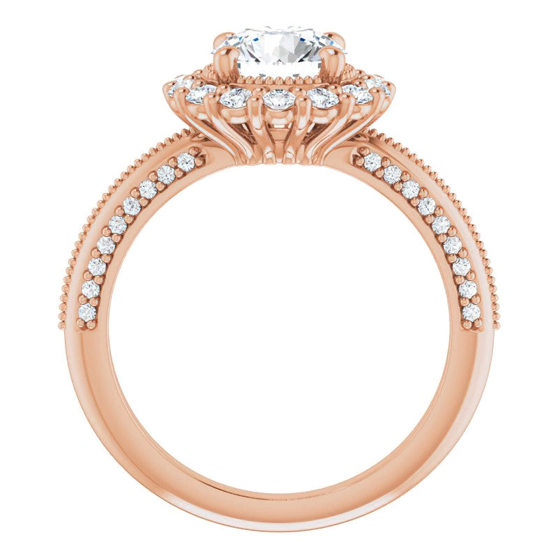Antique Style Round Halo Moissanite Engagement Ring with Milgrain