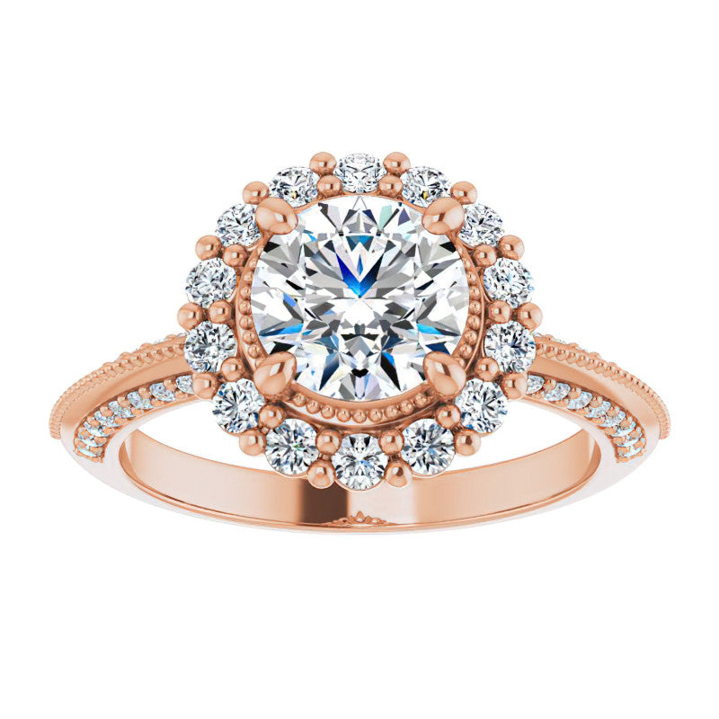 Antique Style Round Halo Moissanite Engagement Ring with Milgrain
