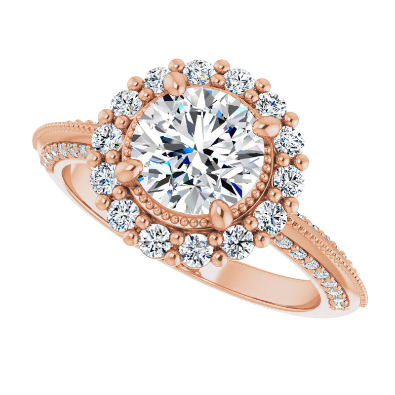 Antique Style Round Halo Moissanite Engagement Ring with Milgrain