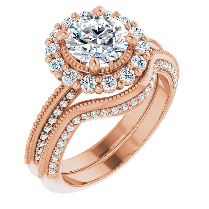 Antique Style Round Halo Moissanite Engagement Ring with Milgrain