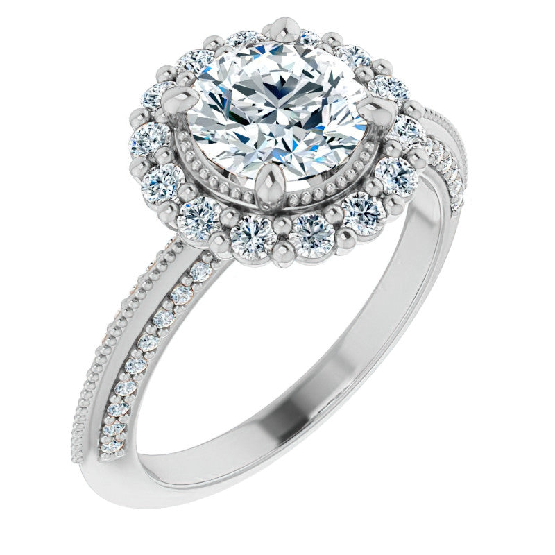 Antique Style Round Halo Moissanite Engagement Ring with Milgrain
