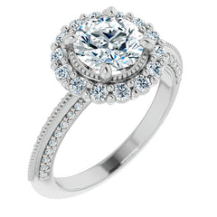 Antique Style Round Halo Moissanite Engagement Ring with Milgrain