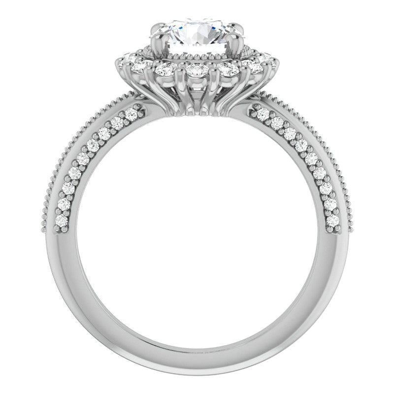 Antique Style Round Halo Moissanite Engagement Ring with Milgrain