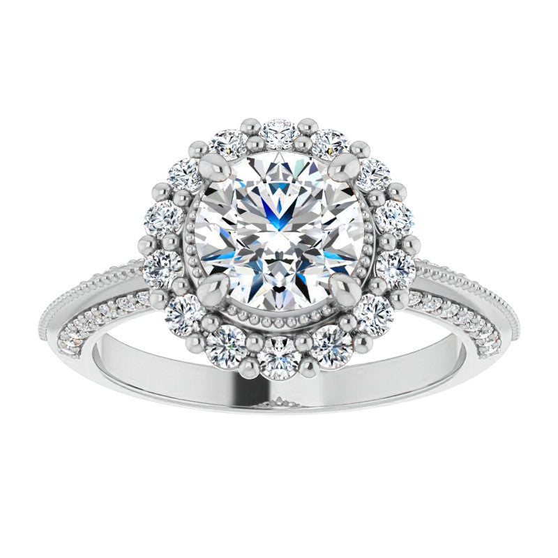 Antique Style Round Halo Moissanite Engagement Ring with Milgrain