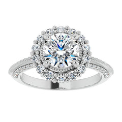 Antique Style Round Halo Moissanite Engagement Ring with Milgrain