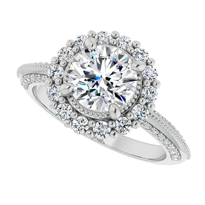 Antique Style Round Halo Moissanite Engagement Ring with Milgrain