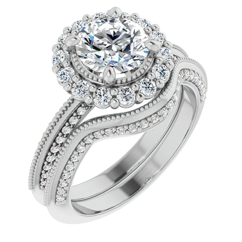 Antique Style Round Halo Moissanite Engagement Ring with Milgrain