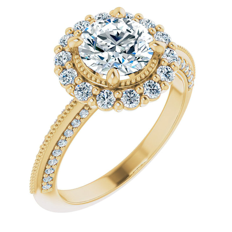 Antique Style Round Halo Moissanite Engagement Ring with Milgrain