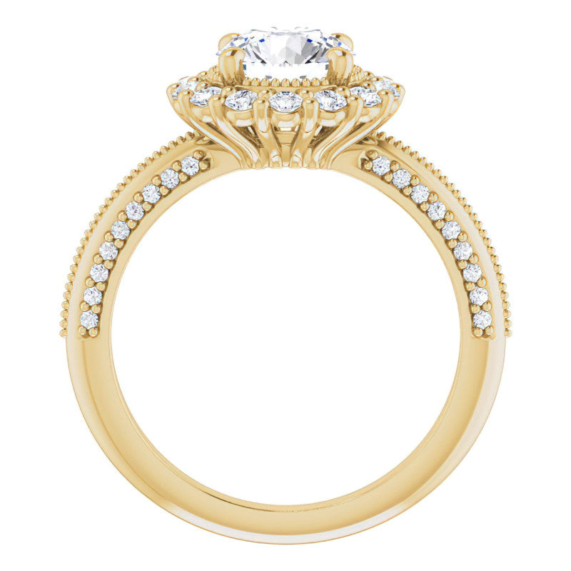 Antique Style Round Halo Moissanite Engagement Ring with Milgrain