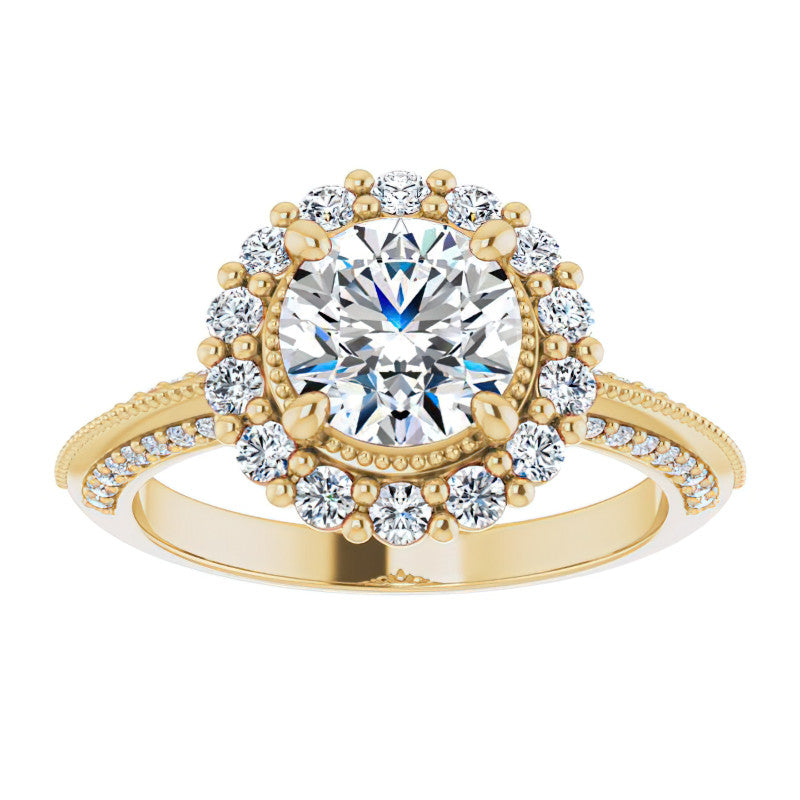 Antique Style Round Halo Moissanite Engagement Ring with Milgrain