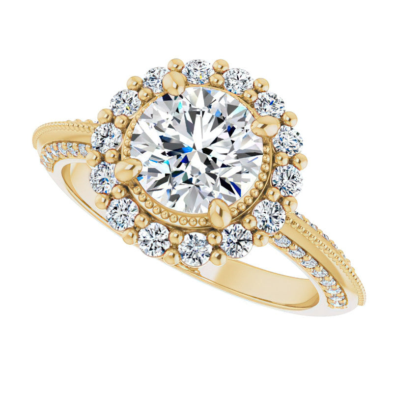 Antique Style Round Halo Moissanite Engagement Ring with Milgrain