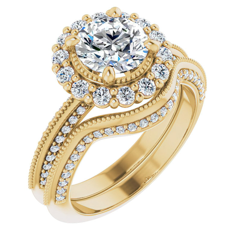 Antique Style Round Halo Moissanite Engagement Ring with Milgrain