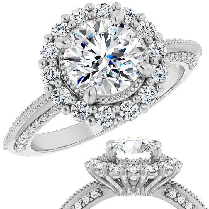 Antique Style Round Halo Moissanite Engagement Ring with Milgrain