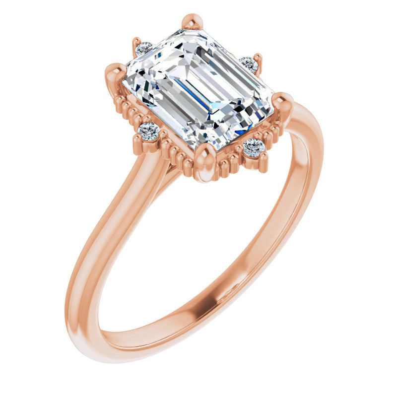 Petite Halo Emerald / Radiant Moissanite Cathedral Engagement Ring