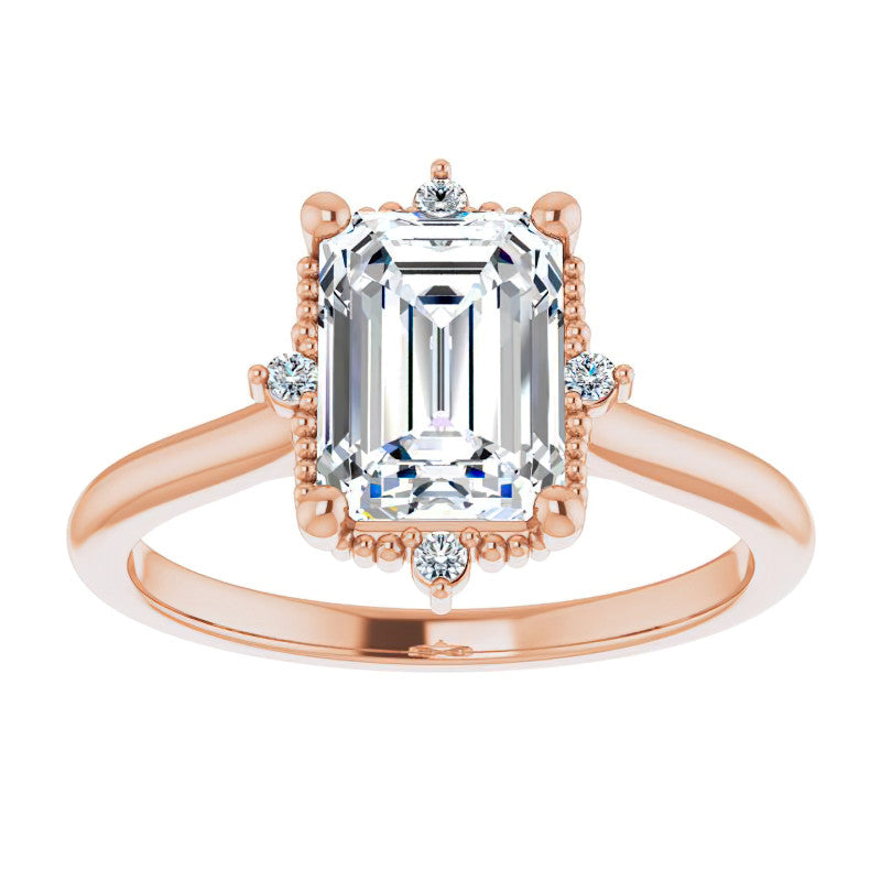 Petite Halo Emerald / Radiant Moissanite Cathedral Engagement Ring