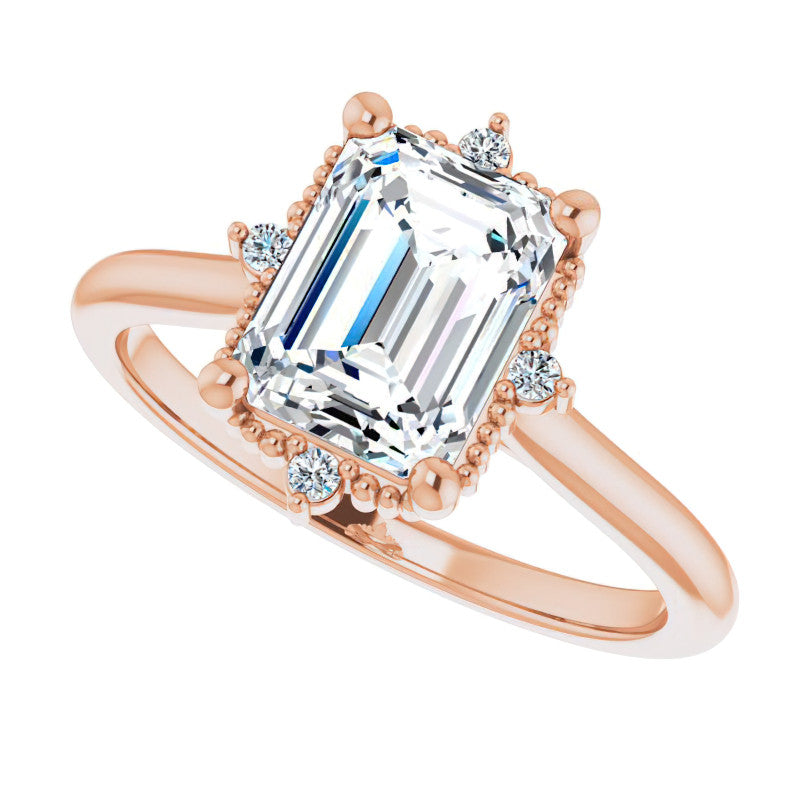 Petite Halo Emerald / Radiant Moissanite Cathedral Engagement Ring