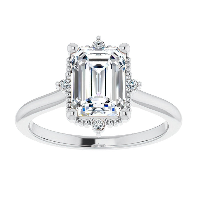 Petite Halo Emerald / Radiant Moissanite Cathedral Engagement Ring