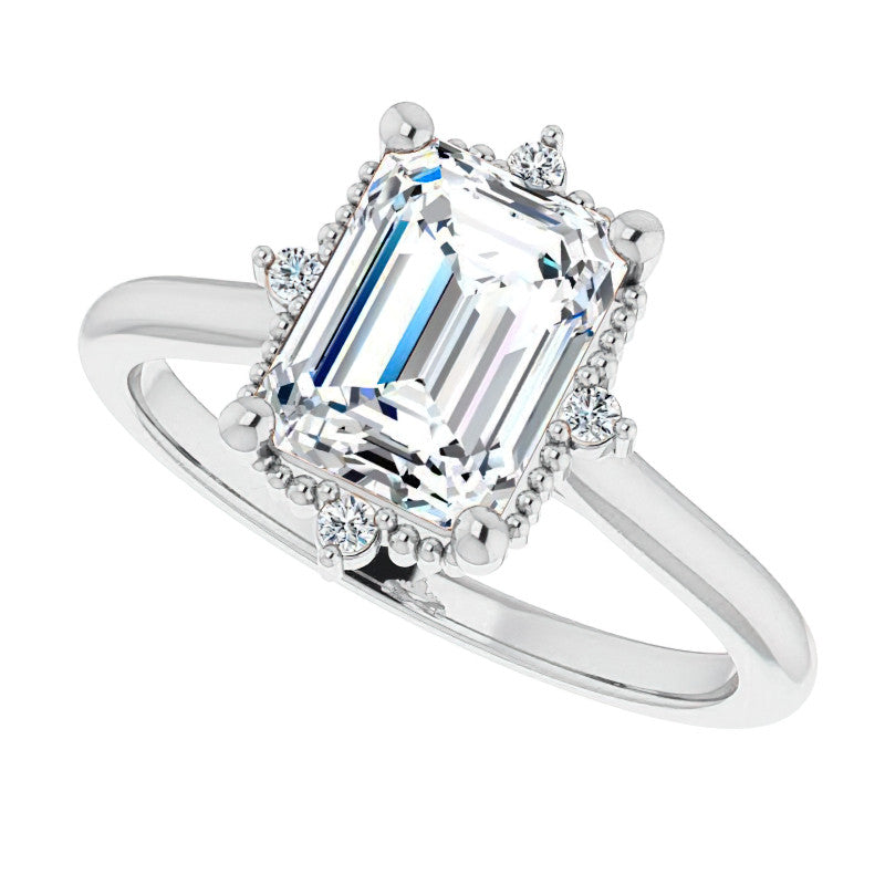 Petite Halo Emerald / Radiant Moissanite Cathedral Engagement Ring