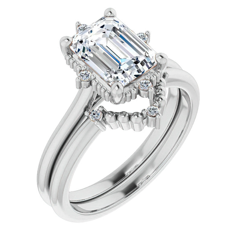 Petite Halo Emerald / Radiant Moissanite Cathedral Engagement Ring