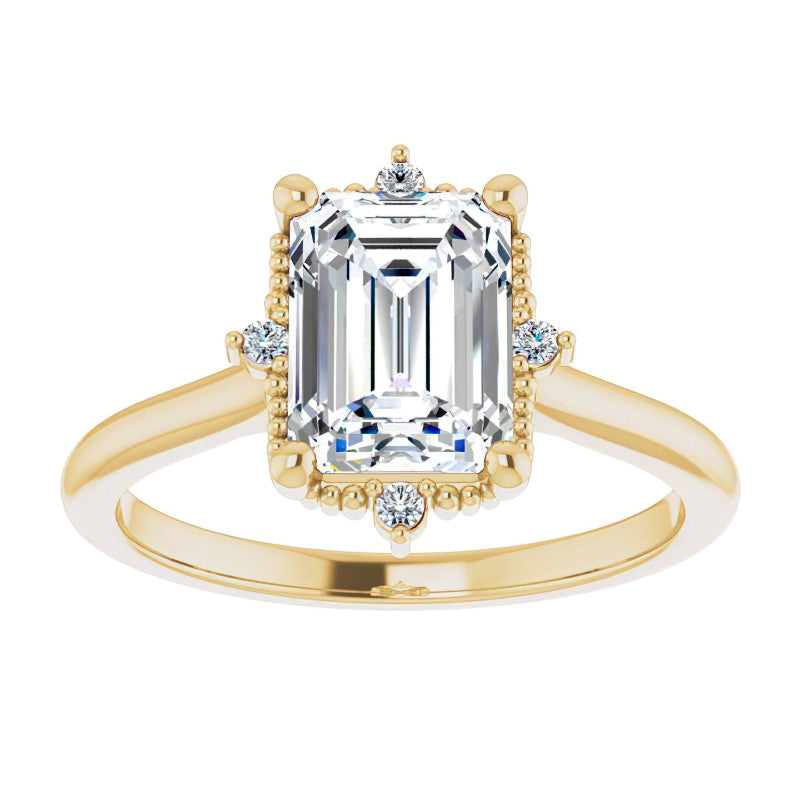 Petite Halo Emerald / Radiant Moissanite Cathedral Engagement Ring